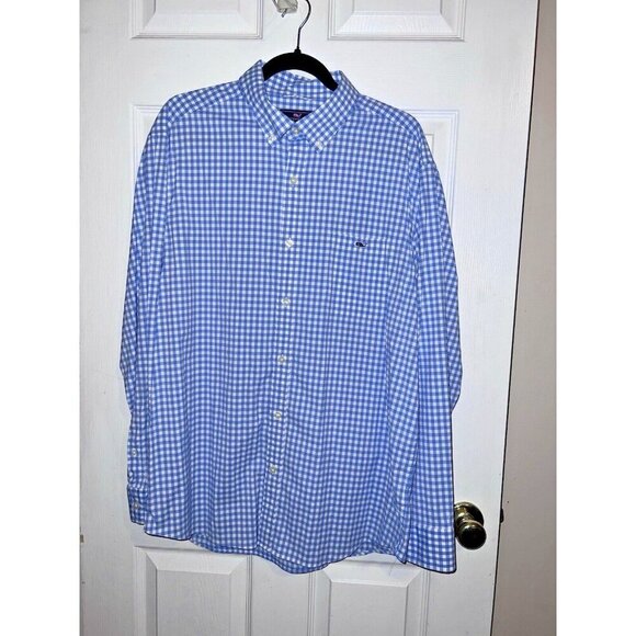 VINEYARD VINES Performance Classic Fit Whale Shirt Mens Blue Bay Gingham Sz XL - Picture 1 of 9